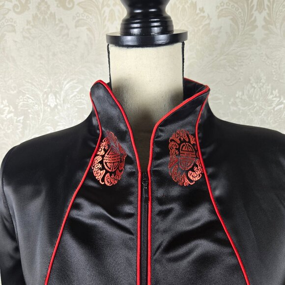 VuahongMei Size Medium Black Satin Zip Front Blazer Red Accents Asian Design - Picture 2 of 13